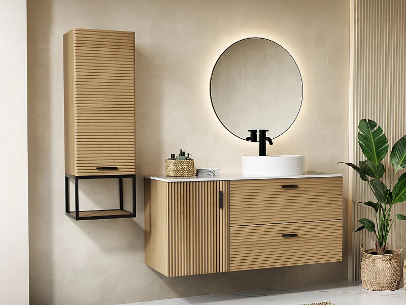 Mueble para baño suspendido estriado con lavabo sobre encimera y columna con hueco - 1 puerta y 2 cajones - Natural claro - 120 cm - SARONE