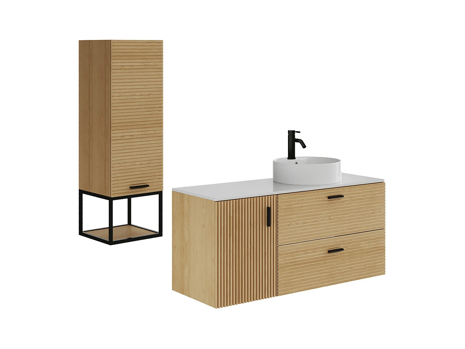 Mueble para baño suspendido estriado con lavabo sobre encimera y columna con hueco - 1 puerta y 2 cajones - Natural claro - 120 cm - SARONE