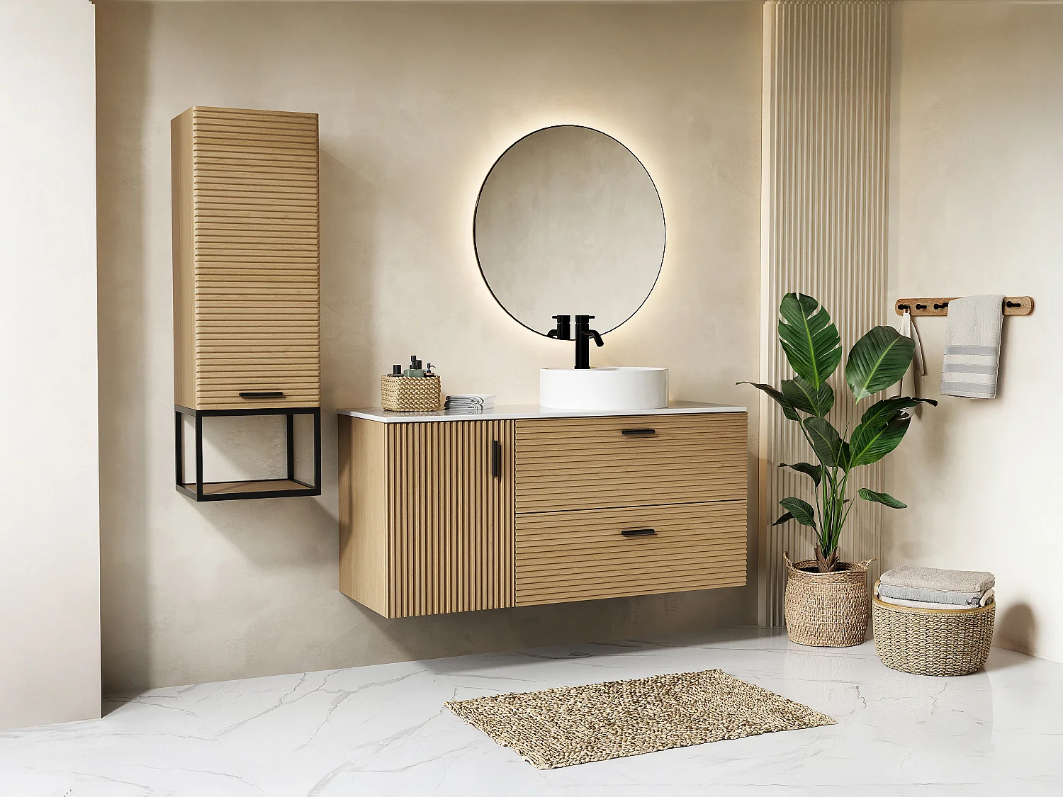Meuble de salle de bain suspendu strié avec vasque à poser et colonne avec niche - 1 porte et 2 tiroirs - Naturel clair - 120 cm - SARONE