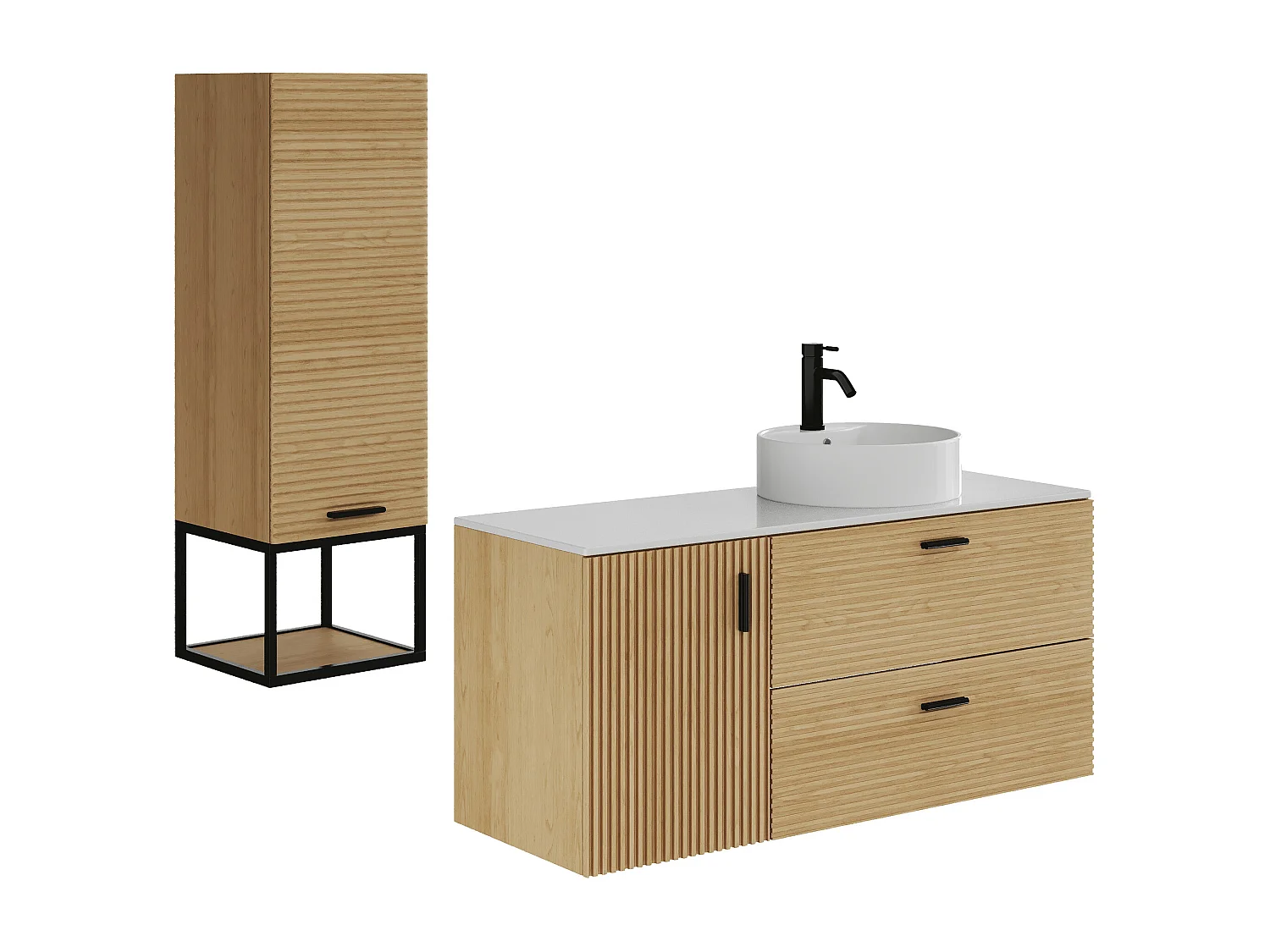 Móvel de casa de banho suspenso estriado com lavatório de pousar e coluna com nicho - 1 porta e 2 gavetas - Natural claro - 120 cm - SARONE