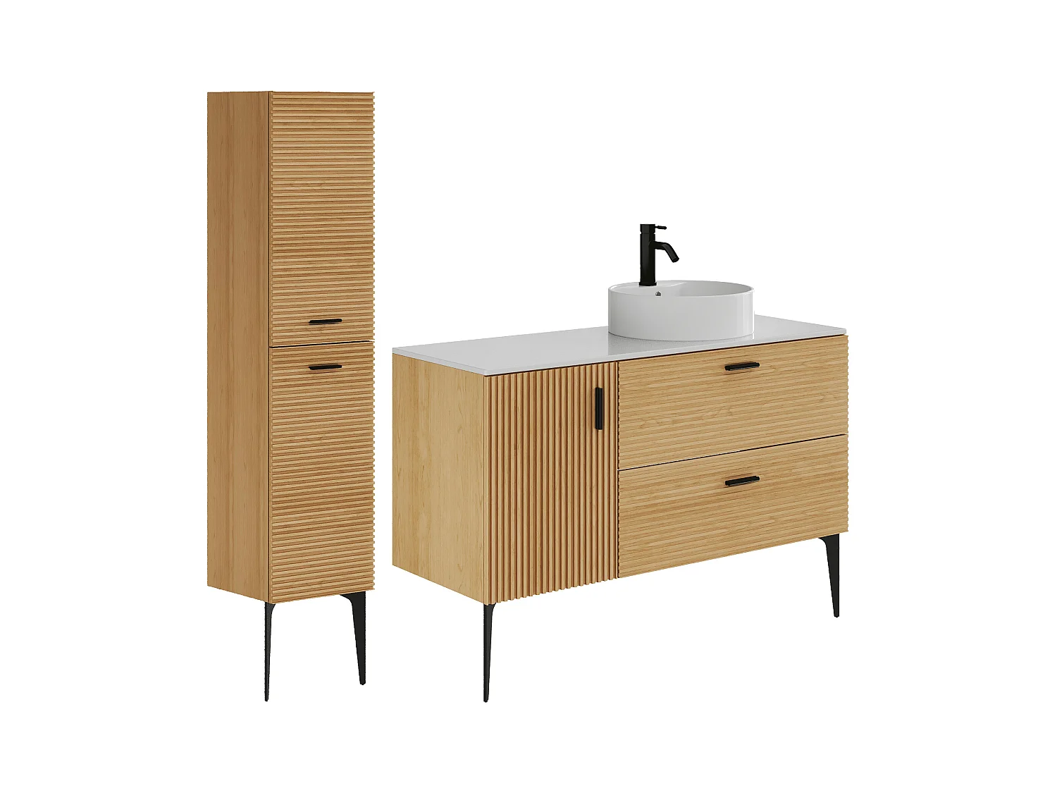 Mueble de baño estriado con patas con lavabo sobre encimera y columna - 1 puerta y 2 cajones - Natural claro - 120 cm - SARONE
