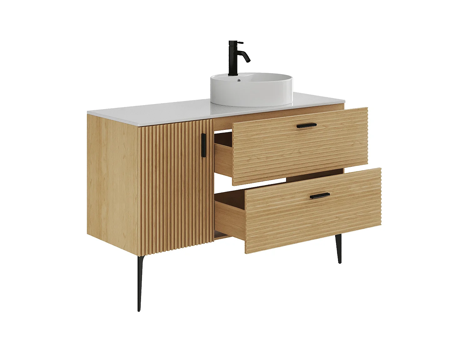 Mueble de baño estriado con patas con lavabo sobre encimera y columna - 1 puerta y 2 cajones - Natural claro - 120 cm - SARONE