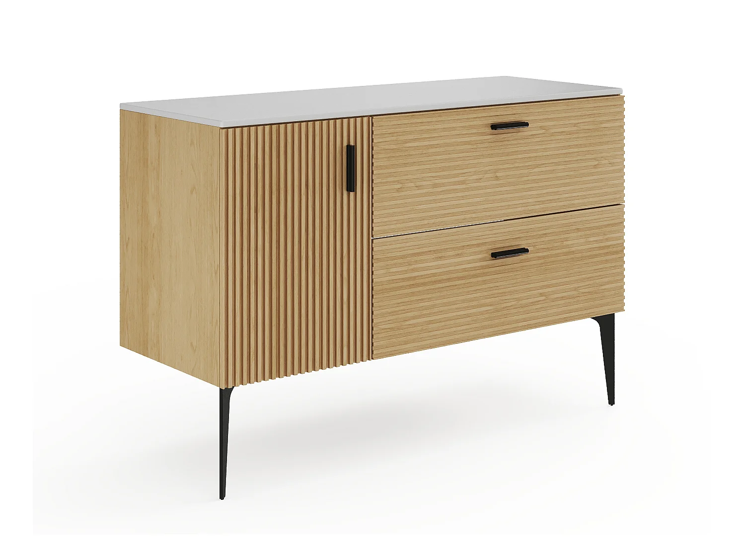 Mueble de baño estriado con patas con lavabo sobre encimera y columna - 1 puerta y 2 cajones - Natural claro - 120 cm - SARONE