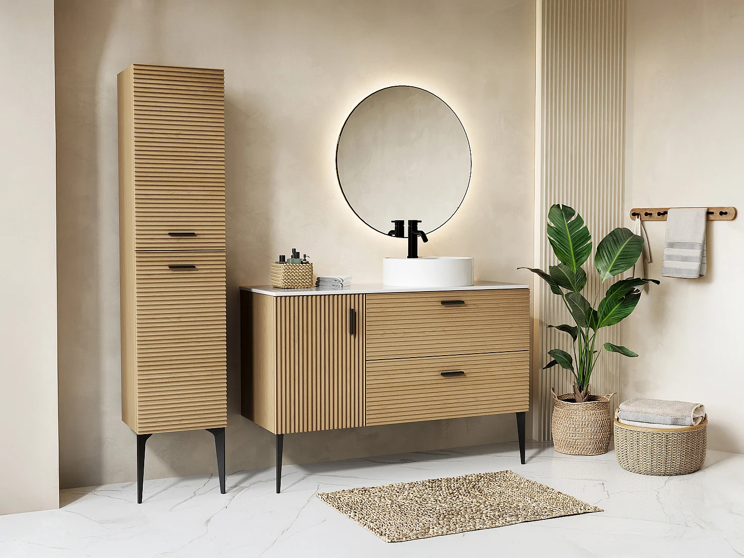 Meuble de salle de bain strié sur pieds avec vasque à poser et colonne - 1 porte et 2 tiroirs - Naturel clair - 120 cm - SARONE
