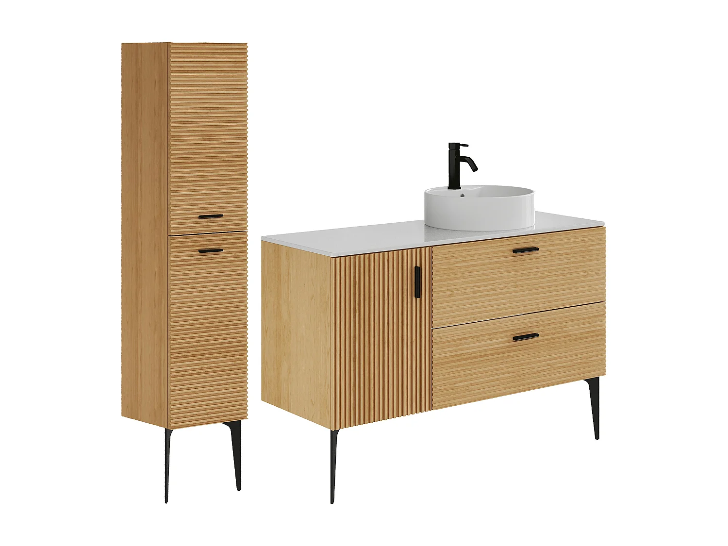 Móvel de casa de banho estriado com pés, com lavatório de pousar e coluna - 1 porta e 2 gavetas - Natural claro - 120 cm - SARONE