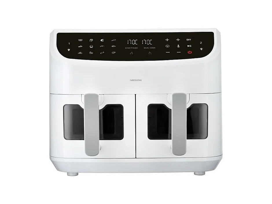 Friteuse a Air Chaud - MEDION - P20 XXL Twin - 2600 W - 2 paniers - 9 programmes - Blanc