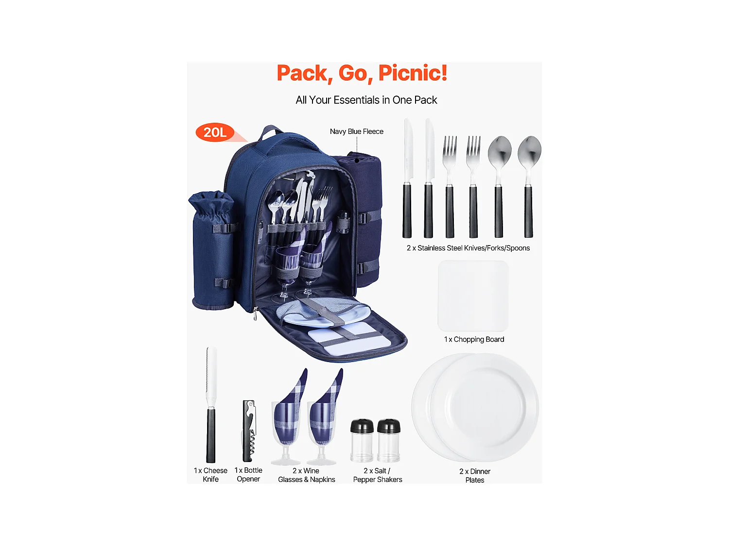 Sac à Dos Isotherme SucceBuy pour 2 Personnes, Sac à Dos de Pique-nique avec Compartiment Isotherme, Randonnée Camping, Bleu Marine