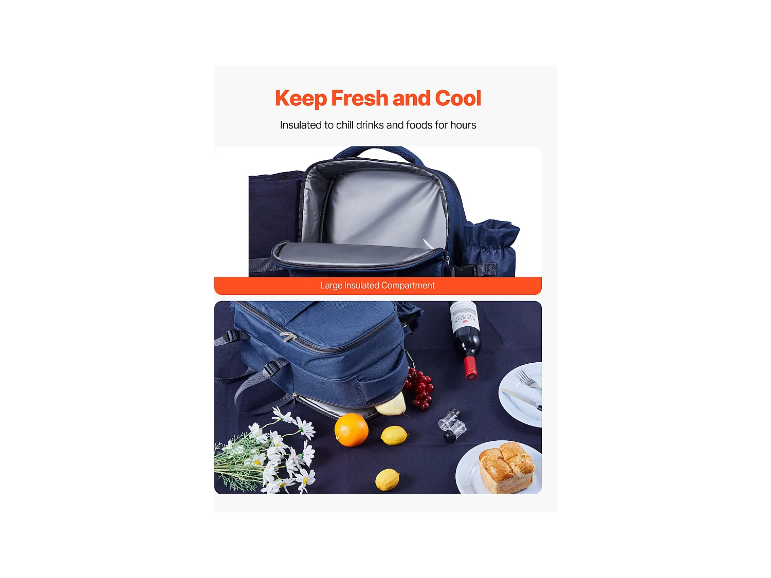 Sac à Dos Isotherme SucceBuy pour 2 Personnes, Sac à Dos de Pique-nique avec Compartiment Isotherme, Randonnée Camping, Bleu Marine