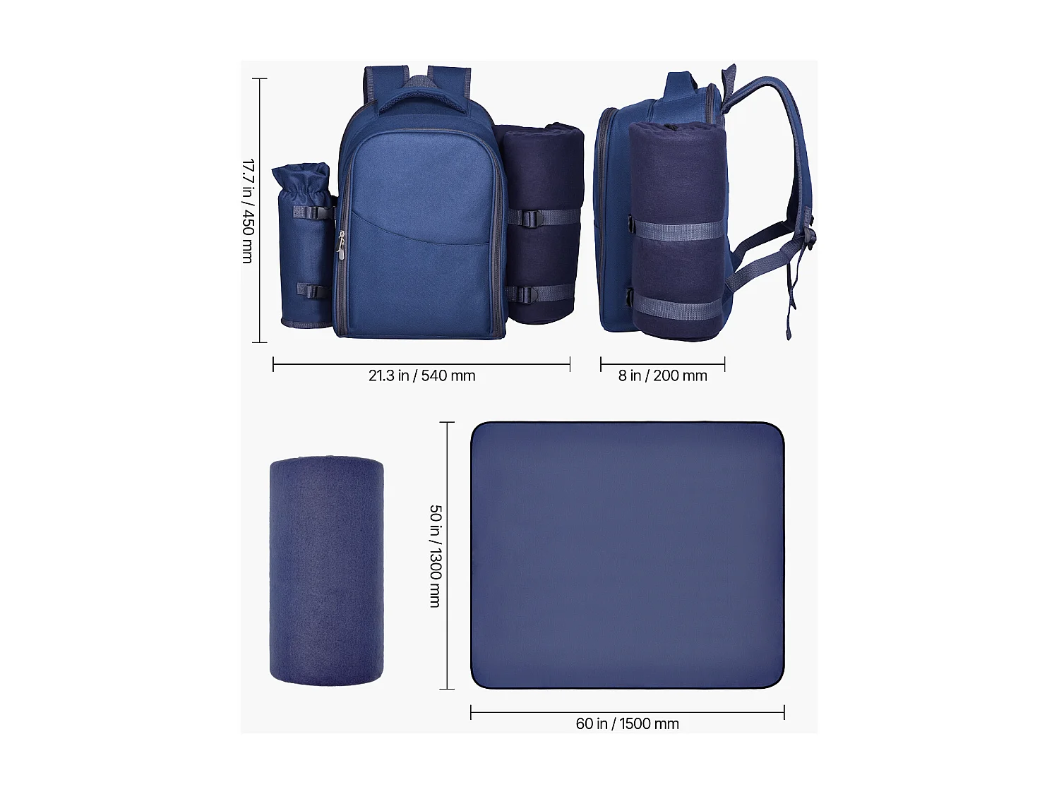 Sac à Dos Isotherme SucceBuy pour 2 Personnes, Sac à Dos de Pique-nique avec Compartiment Isotherme, Randonnée Camping, Bleu Marine