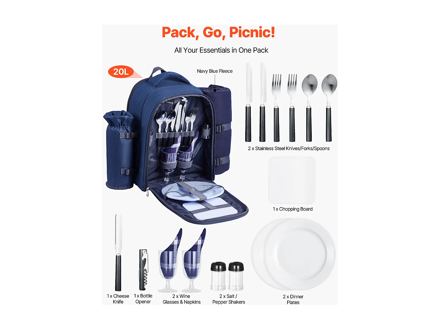 Sac à Dos Isotherme SucceBuy pour 2 Personnes, Sac à Dos de Pique-nique avec Compartiment Isotherme, Randonnée Camping, Bleu Marine