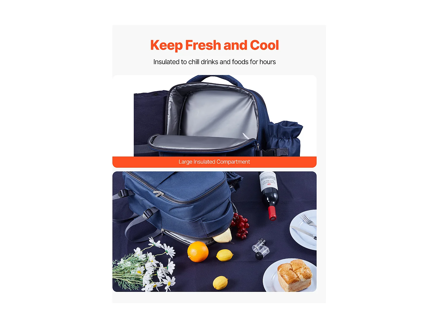 Sac à Dos Isotherme SucceBuy pour 2 Personnes, Sac à Dos de Pique-nique avec Compartiment Isotherme, Randonnée Camping, Bleu Marine