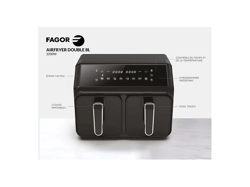 Friteuse sans huile - FAGOR - Airfryer 2 cuves de 4L - 2200W - 8 programmes - Noir