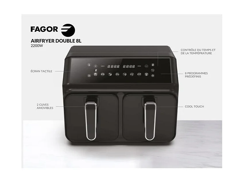 Friteuse sans huile - FAGOR - Airfryer 2 cuves de 4L - 2200W - 8 programmes - Noir