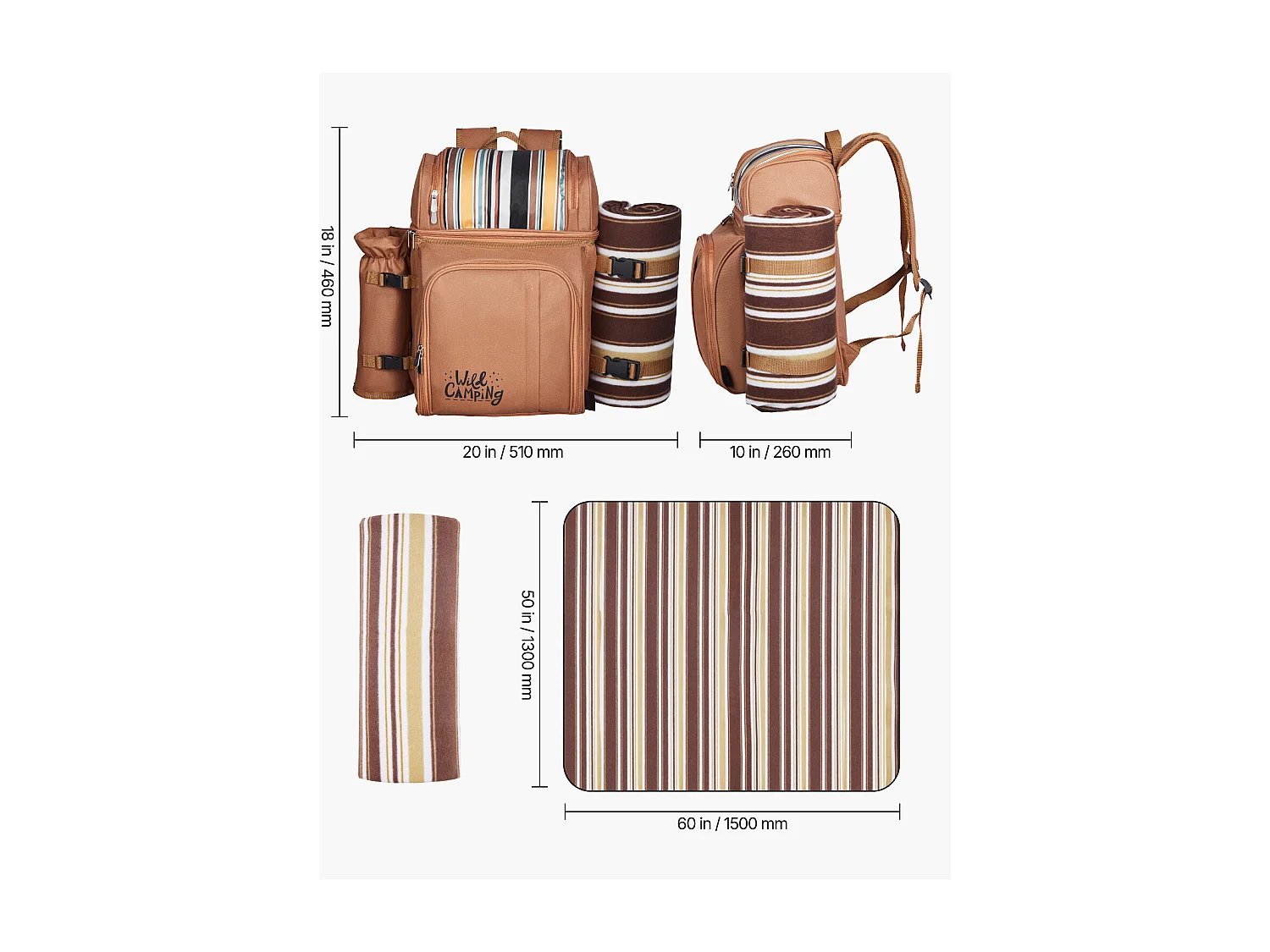 Sac à Dos Isotherme SucceBuy pour 4 Personnes, Sac à Dos de Pique-nique avec Compartiment Isotherme, Randonnée Camping, Marron