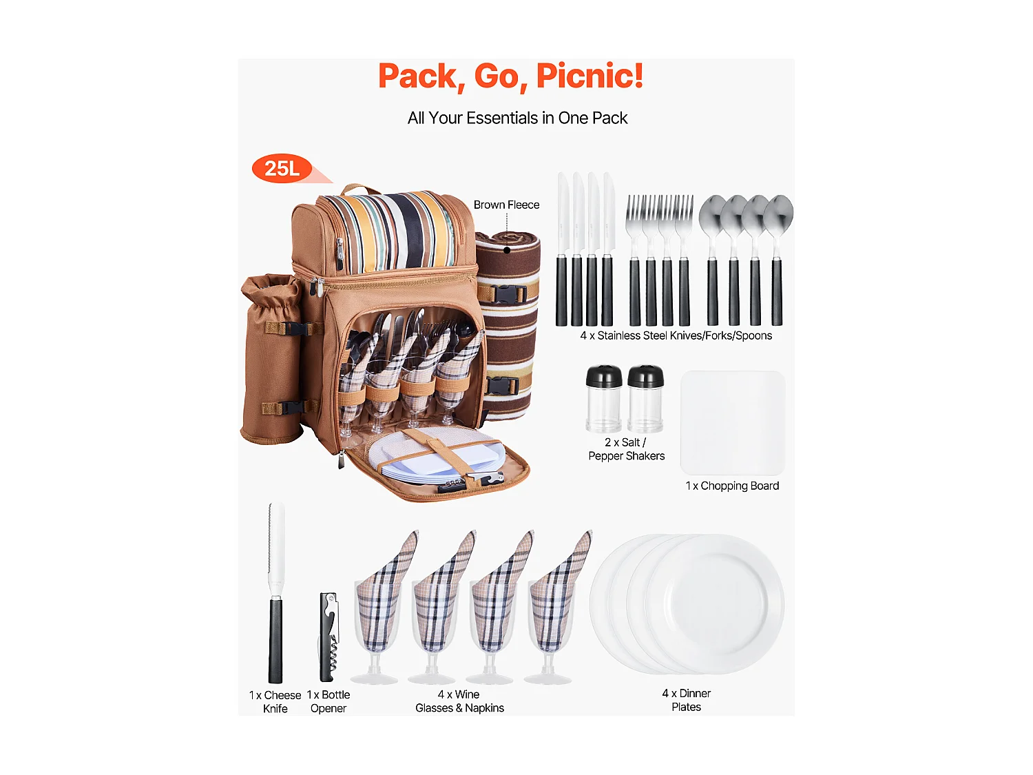 Sac à Dos Isotherme SucceBuy pour 4 Personnes, Sac à Dos de Pique-nique avec Compartiment Isotherme, Randonnée Camping, Marron