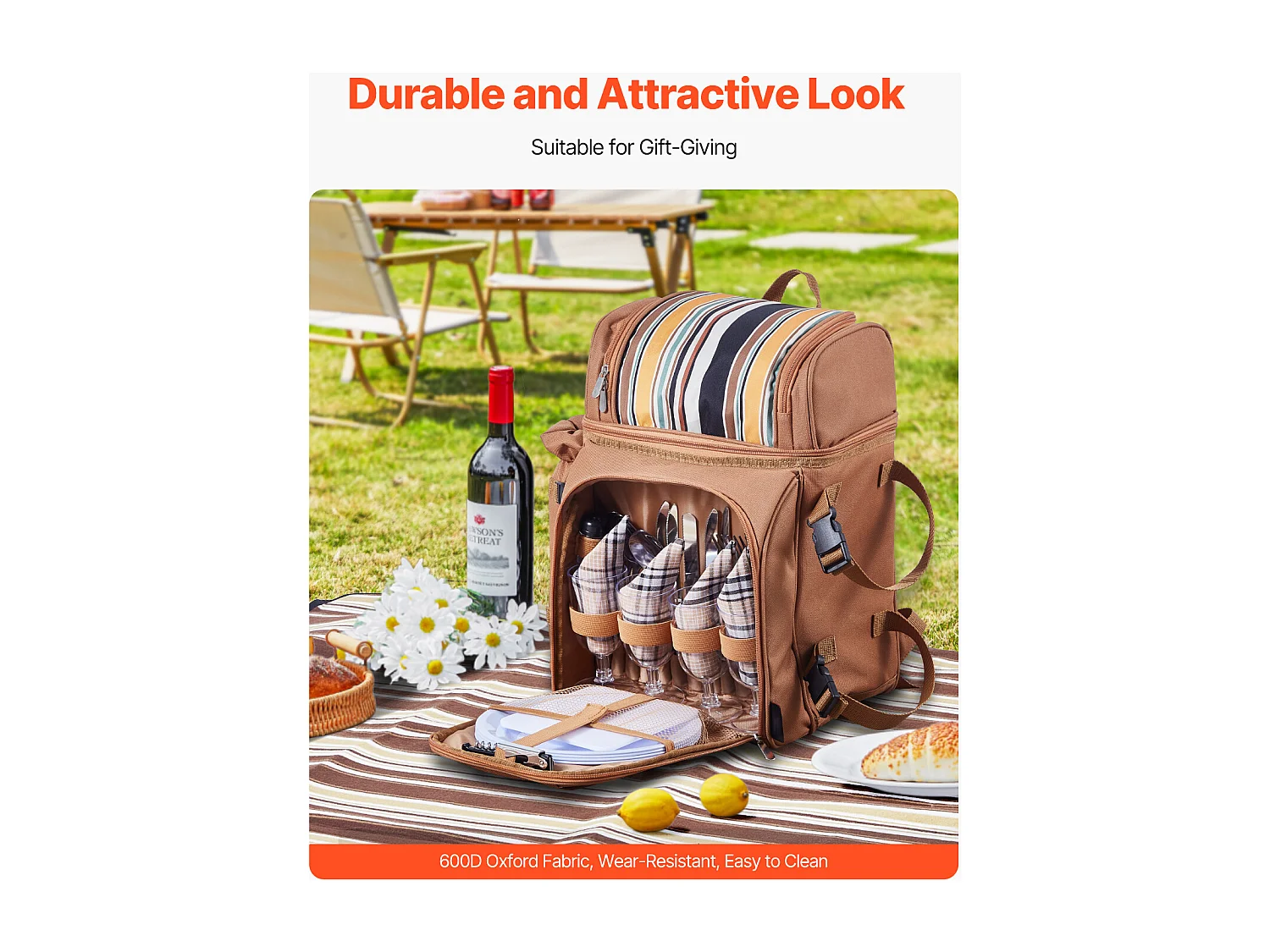 Sac à Dos Isotherme SucceBuy pour 4 Personnes, Sac à Dos de Pique-nique avec Compartiment Isotherme, Randonnée Camping, Marron