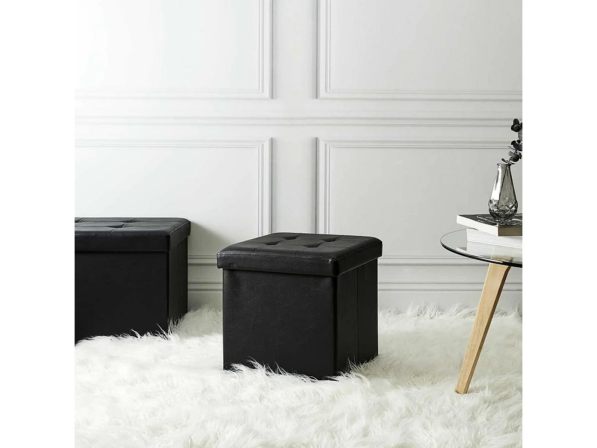Pouf Coffre Pliable Carré Simili Cuir Noir Capitonné - RONNY