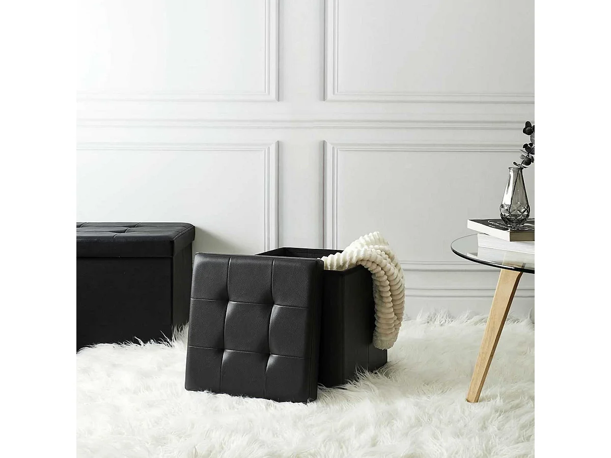 Pouf Coffre Pliable Carré Simili Cuir Noir Capitonné - RONNY