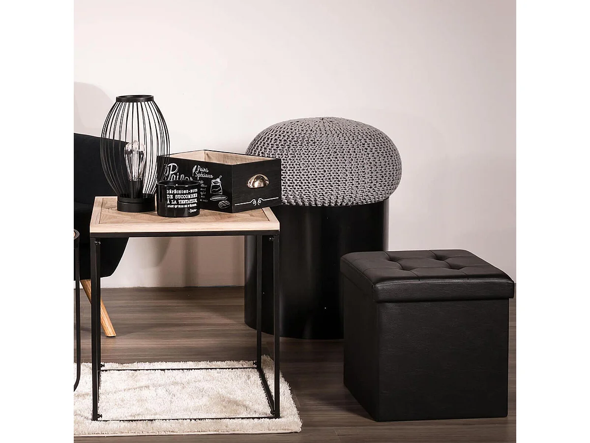 Pouf Coffre Pliable Carré Simili Cuir Noir Capitonné - RONNY