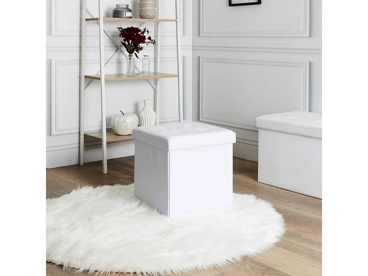 Pouf Coffre Pliable Carré Simili Blanc Capitonné - RONNY