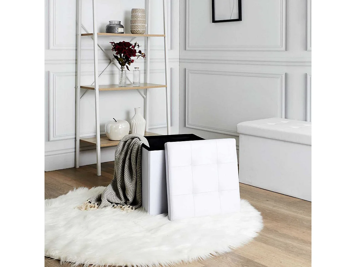Pouf Coffre Pliable Carré Simili Cuir Blanc Capitonné - RONNY