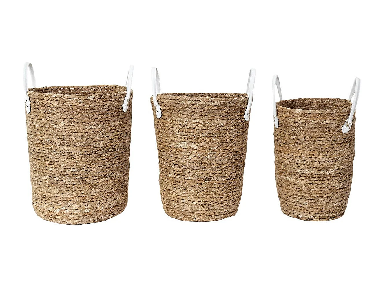 Lot de 3 Paniers Tressés Coloris Naturel avec Anses en Simili Cuir Blanc - LORINE