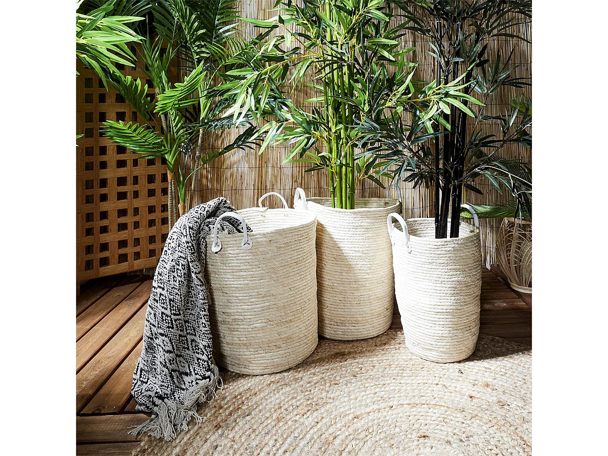 Lot de 3 Paniers Tressés Coloris Naturel avec Anses en Simili Cuir Blanc - LORINE