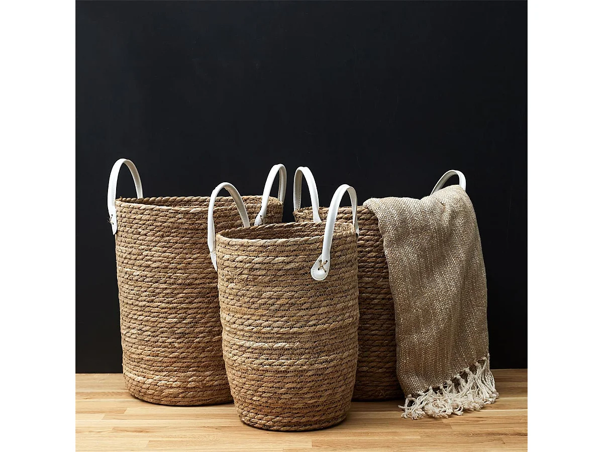 Lot de 3 Paniers Tressés Coloris Naturel avec Anses en Simili Cuir Blanc - LORINE