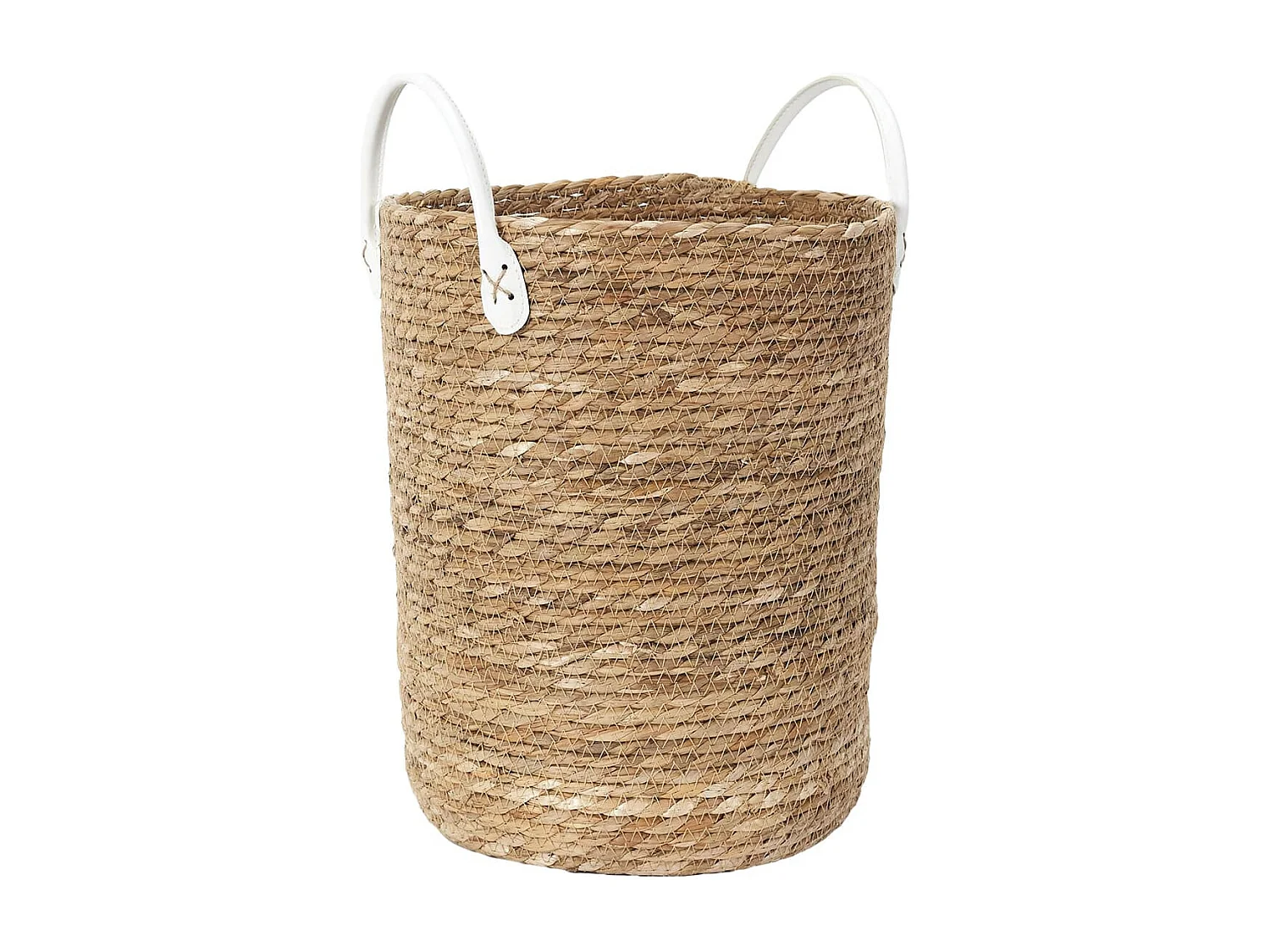 Lot de 3 Paniers Tressés Coloris Naturel avec Anses en Simili Cuir Blanc - LORINE