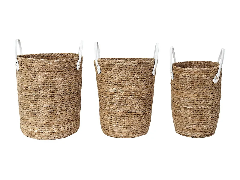Lot de 3 Paniers Tressés Coloris Naturel avec Anses en Simili Cuir Blanc - LORINE