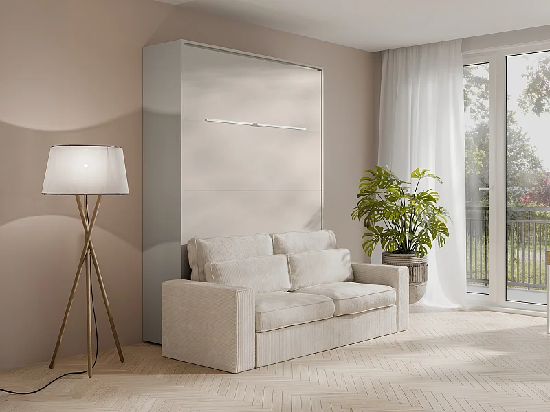 Schrankbett 140 x 200 cm - Manuelle vertikale Öffnung - Mit LEDs - Beige + Sofa - RAPILI