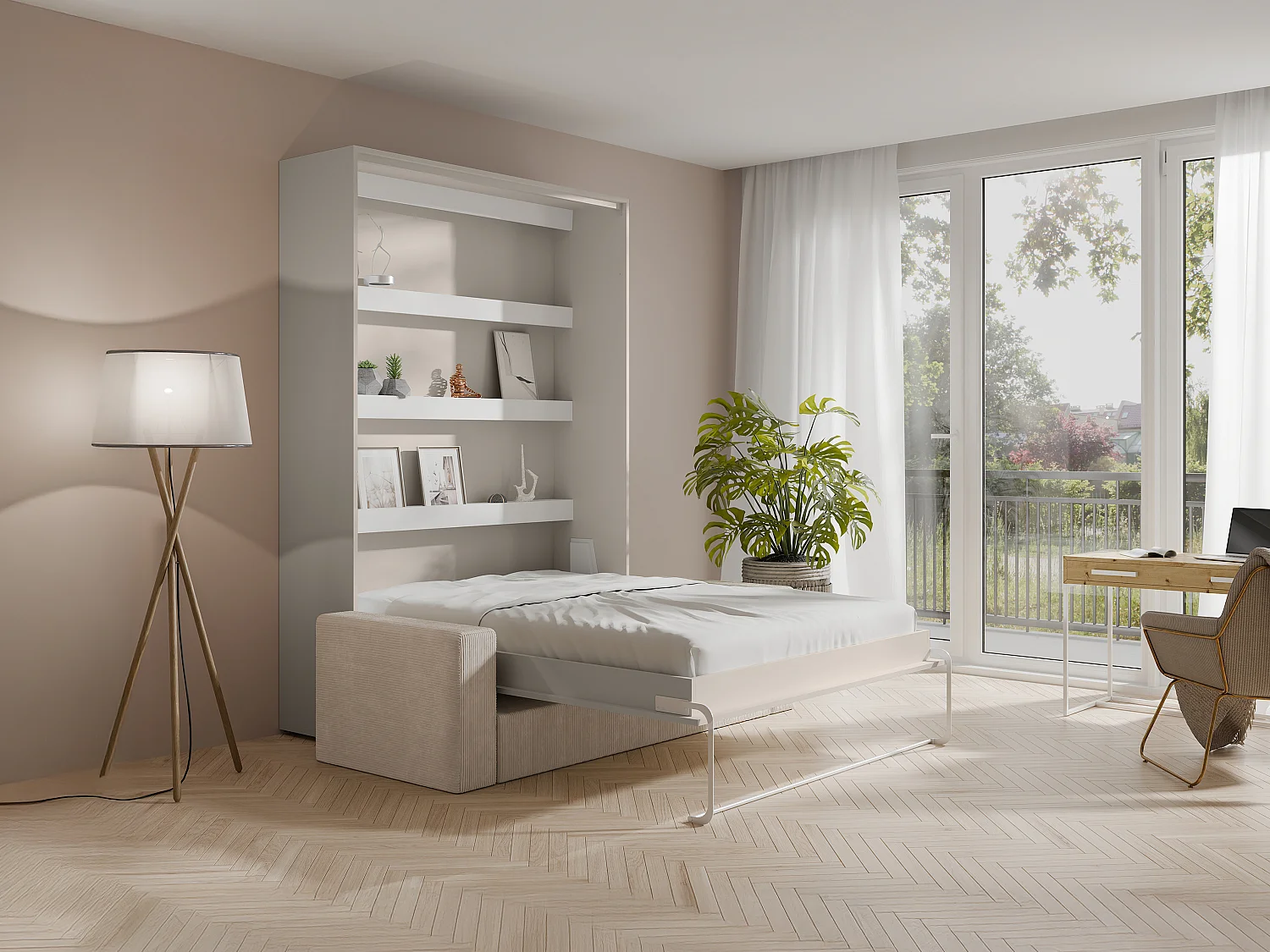 Veggmontert seng 140 x 200 cm - Manuell vertikal åpning - Med LED-lys - Beige + Sofa - RAPILI