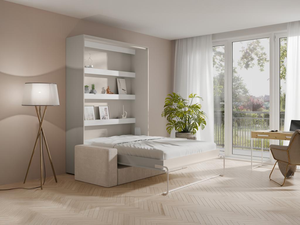 Schrankbett 140 x 200 cm - Manuelle vertikale Öffnung - Mit LEDs - Beige + günstig online kaufen