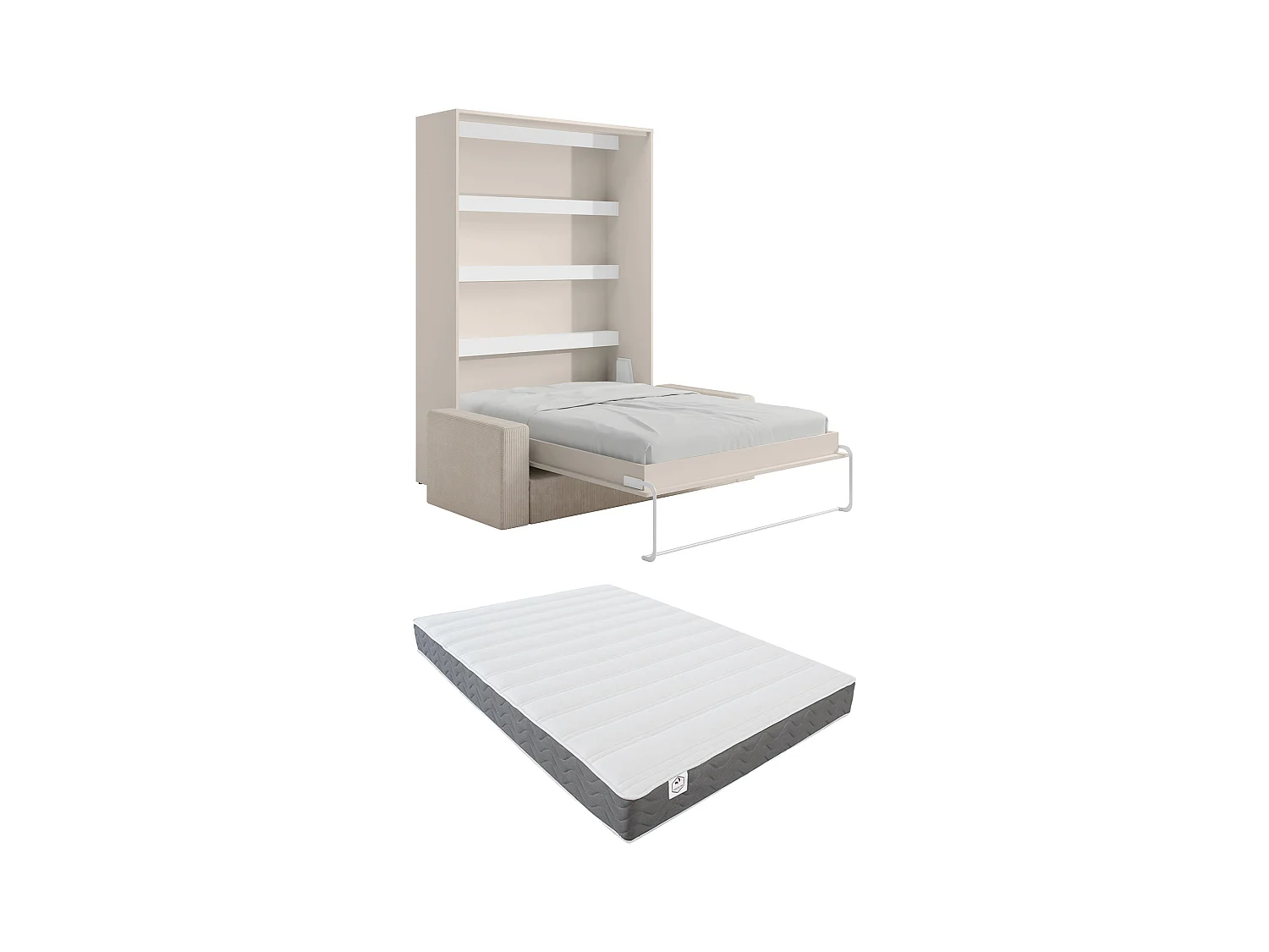 Lit escamotable 140 x 200 cm - Ouverture verticale manuelle - Avec LEDs - Beige + Matelas + Canapé - RAPILI