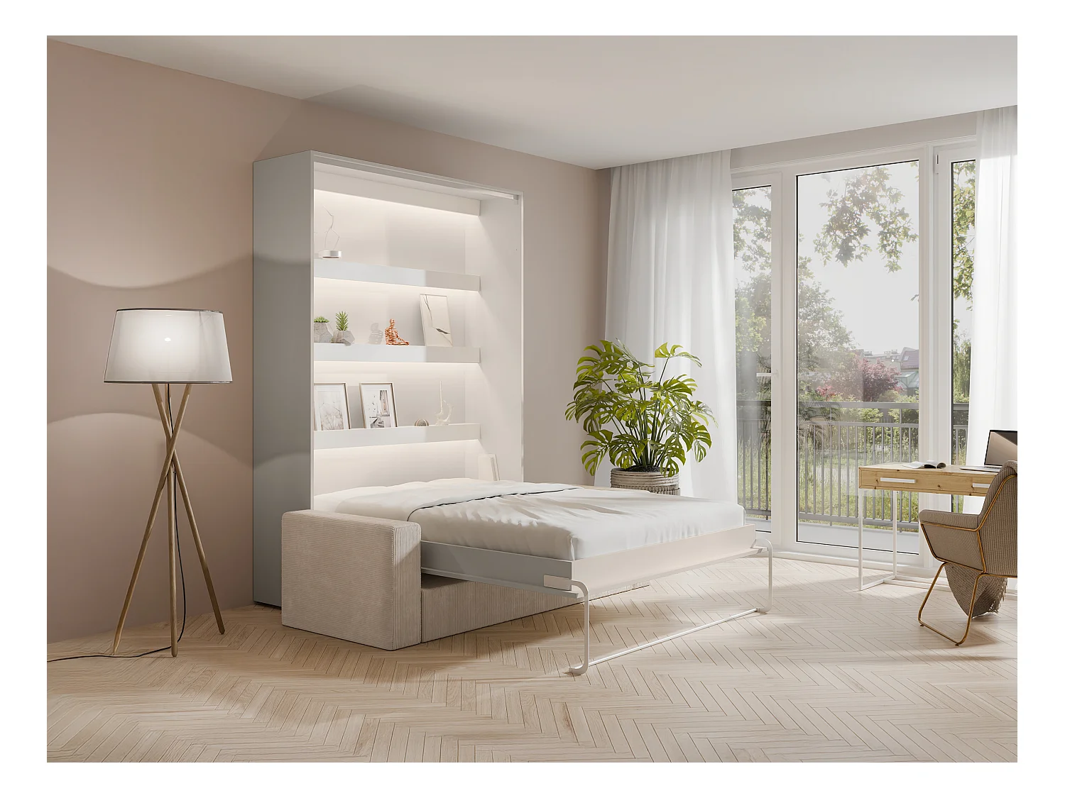 Lit escamotable 140 x 200 cm - Ouverture verticale manuelle - Avec LEDs - Beige + Matelas + Canapé - RAPILI