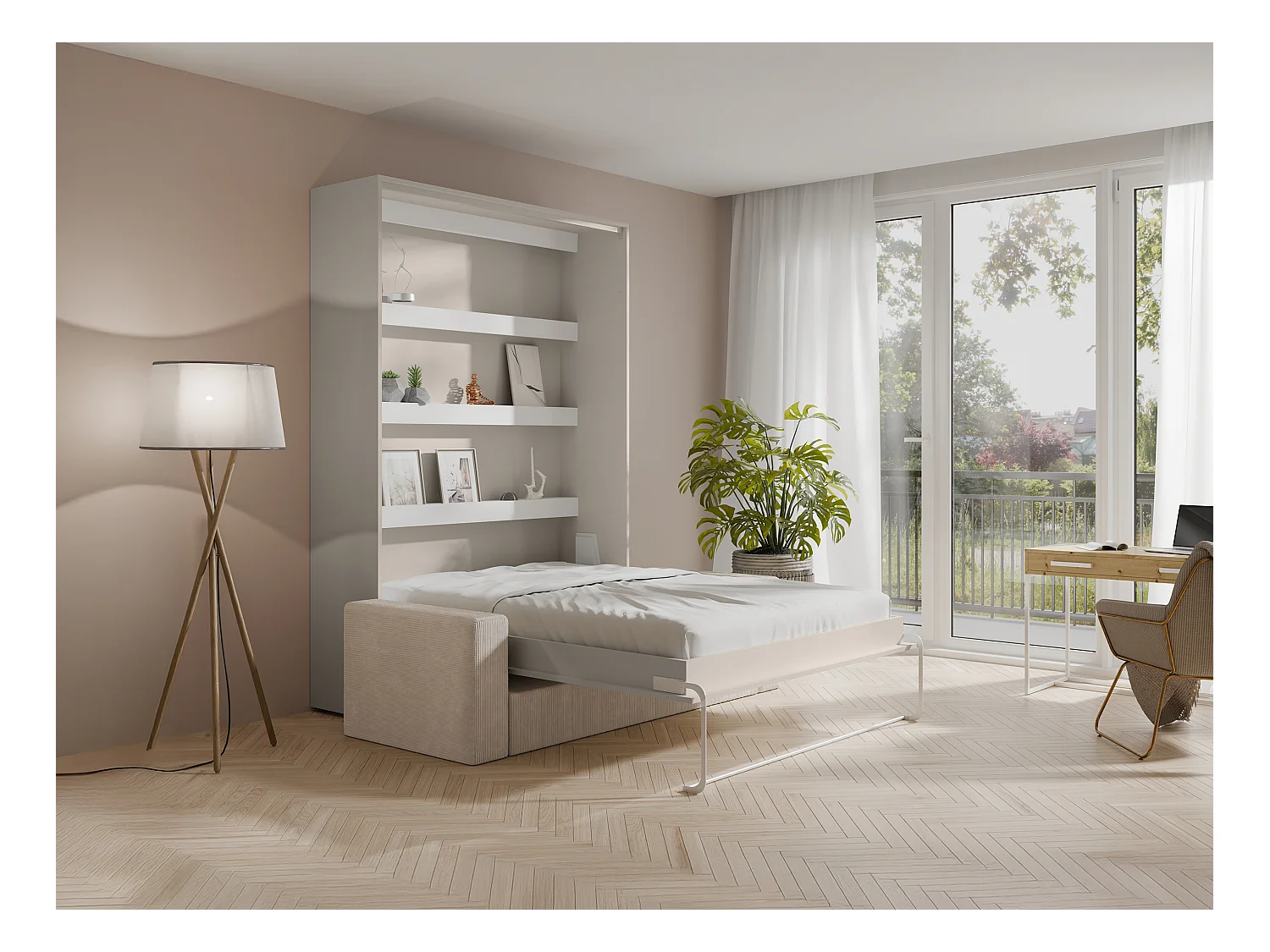 Schrankbett 140 x 200 cm - Manuelle vertikale Öffnung - Mit LEDs - Beige + Matratze + Sofa - RAPILI