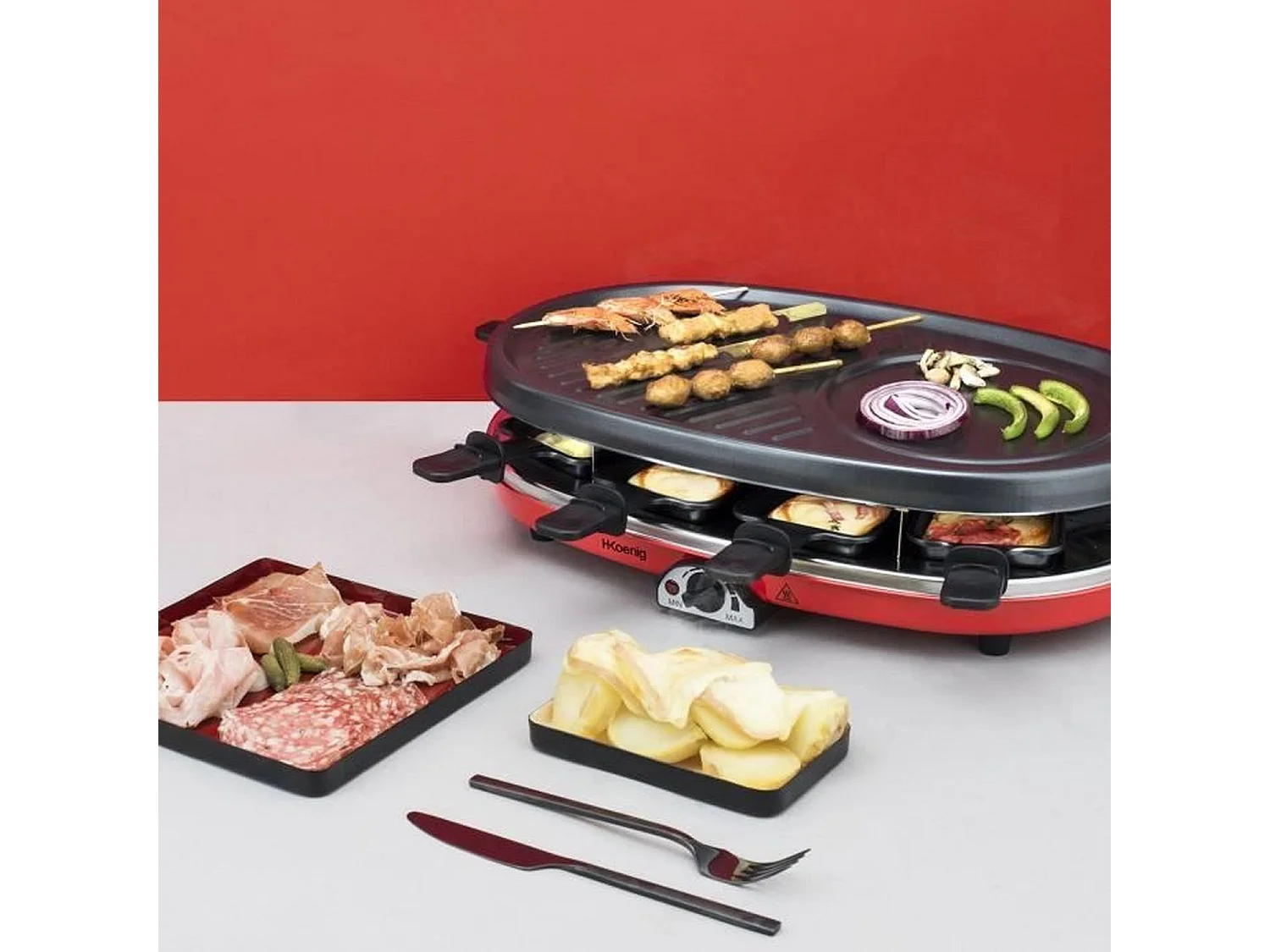 H.koenig Appareil à raclette 8 personnes 1500w + grill + crêpière rouge - RP418
