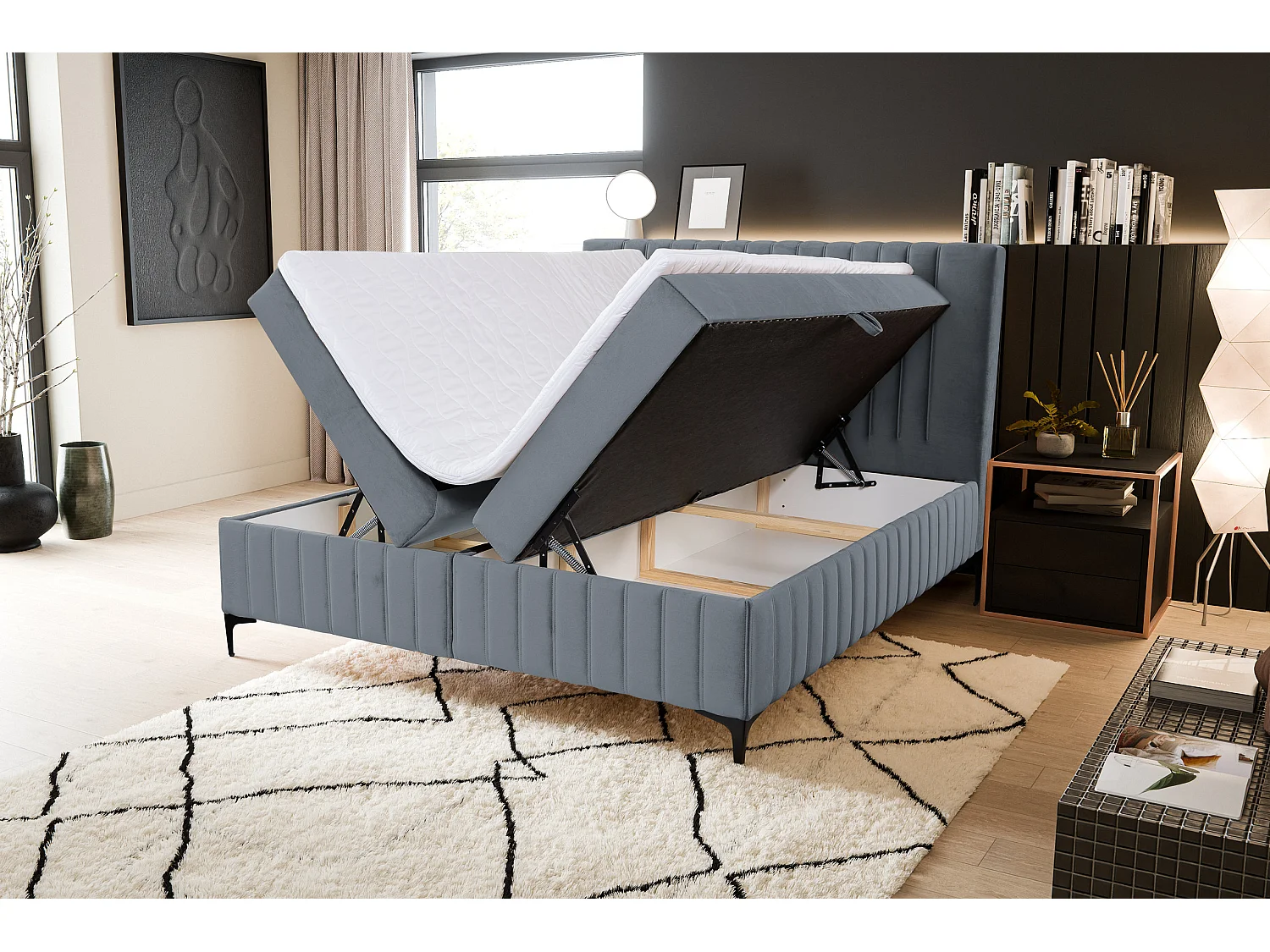 Lit boxspring QUANT avec 2 coffres de rangement, lit rembourré Dimensions: 140x200, couleur: gris, tissu velours