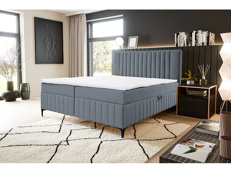 Lit boxspring QUANT avec 2 coffres de rangement, lit rembourré Dimensions: 140x200, couleur: gris, tissu velours