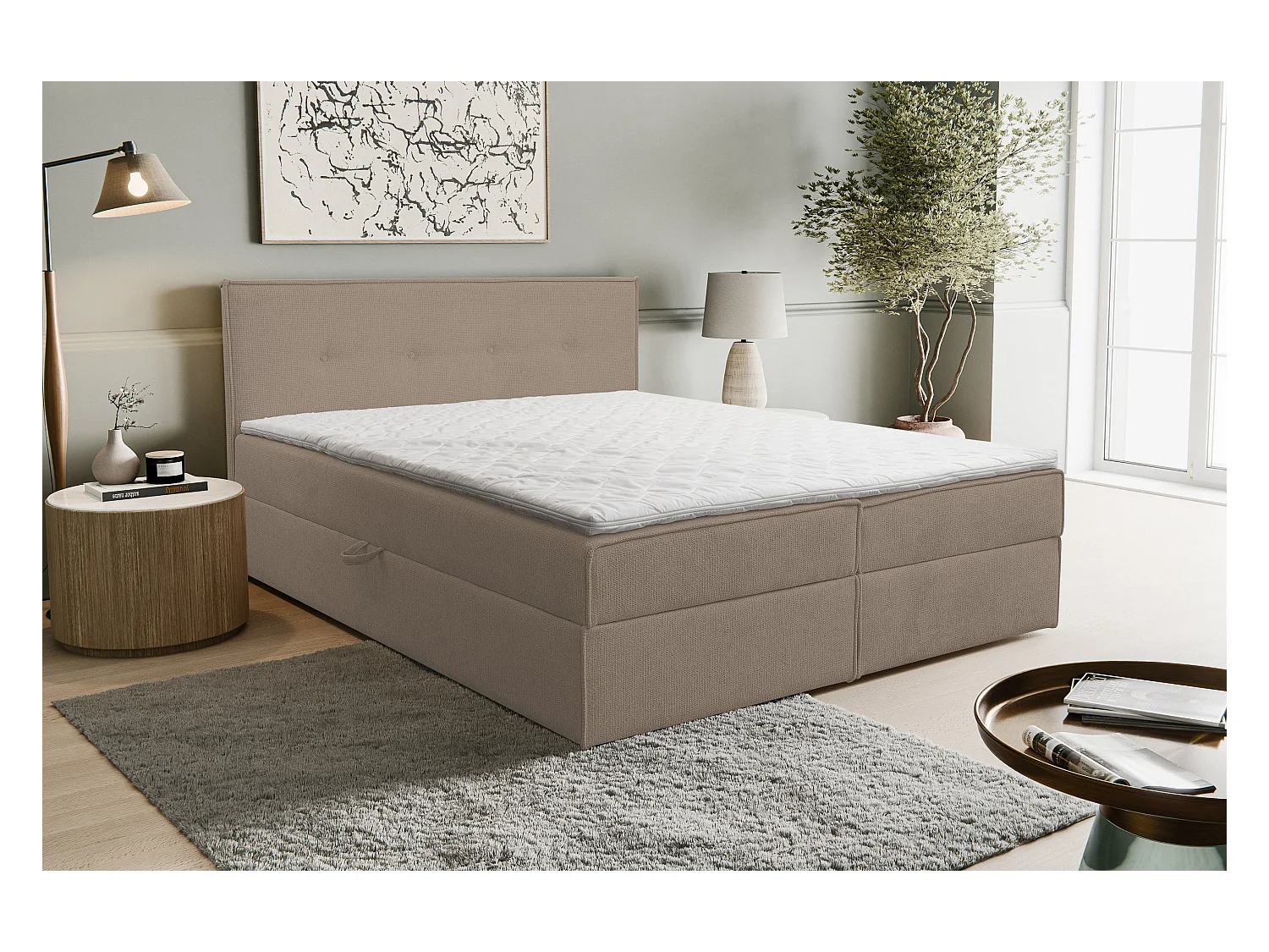 Boxspringbett Calido mit 2 Bettkästen, Polsterbett Maße: 180x200, Farbe: Braun, Strukturstoff, Doppelbett mit Bonell-Matratze inkl. Topper