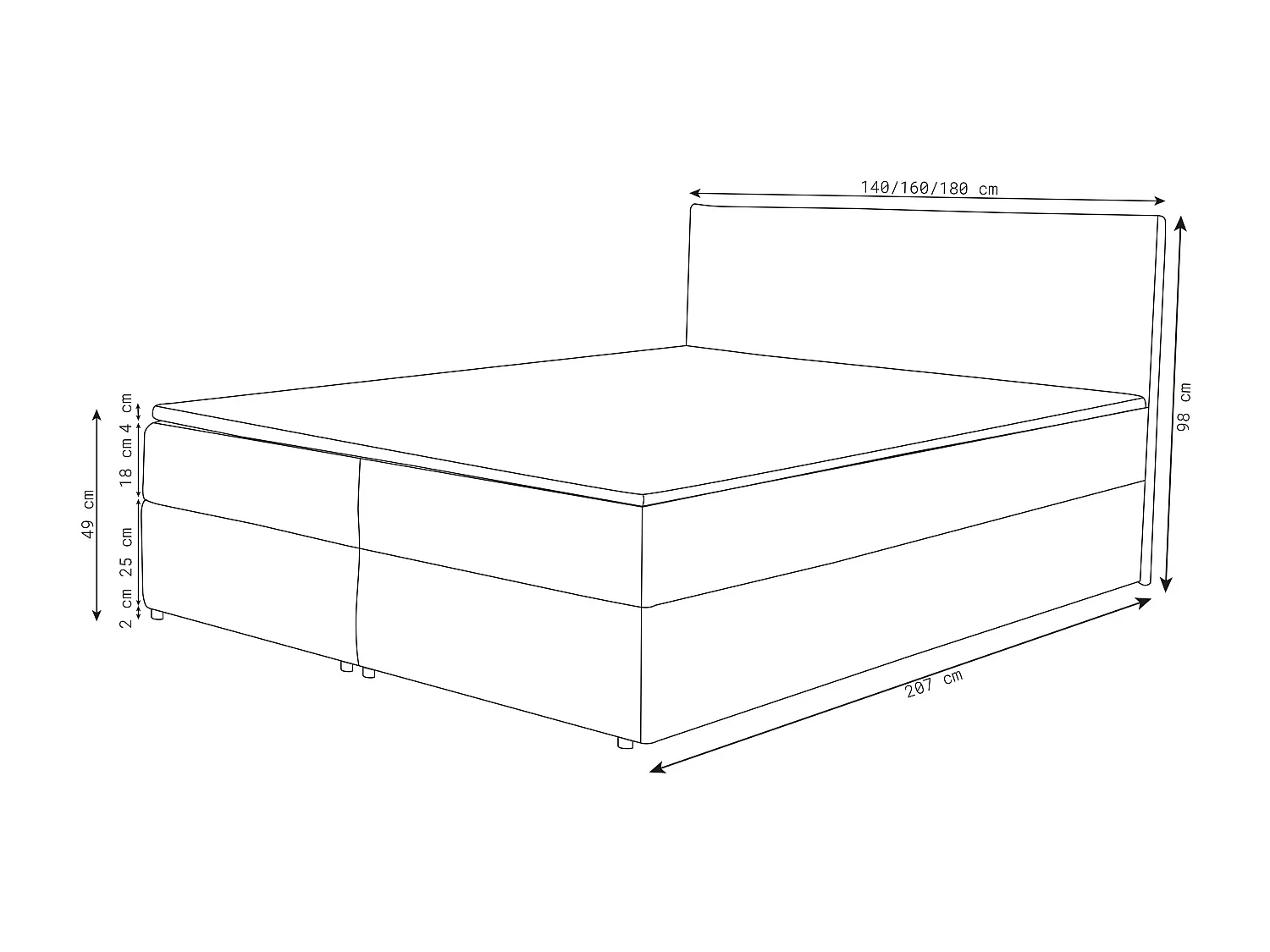Lit boxspring Calido avec 2 coffres de rangement, lit rembourré Dimensions: 180x200, couleur: marron, tissu structuré