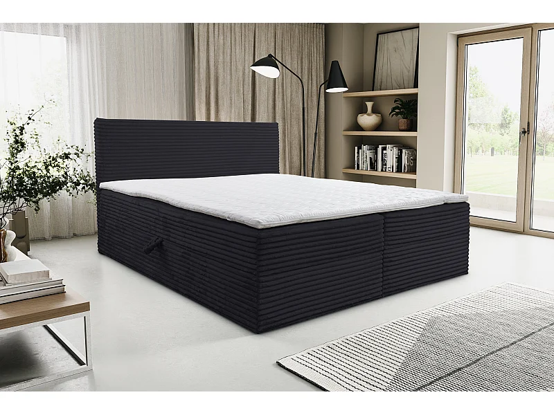 Lit boxspring Tilly avec 2 coffres de rangement, lit rembourré Dimensions: 160x200, couleur: noir, tissu cordé