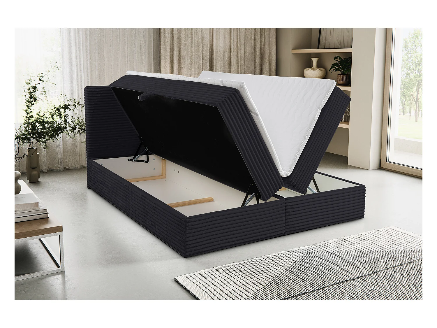 Lit boxspring Tilly avec 2 coffres de rangement, lit rembourré Dimensions: 160x200, couleur: noir, tissu cordé