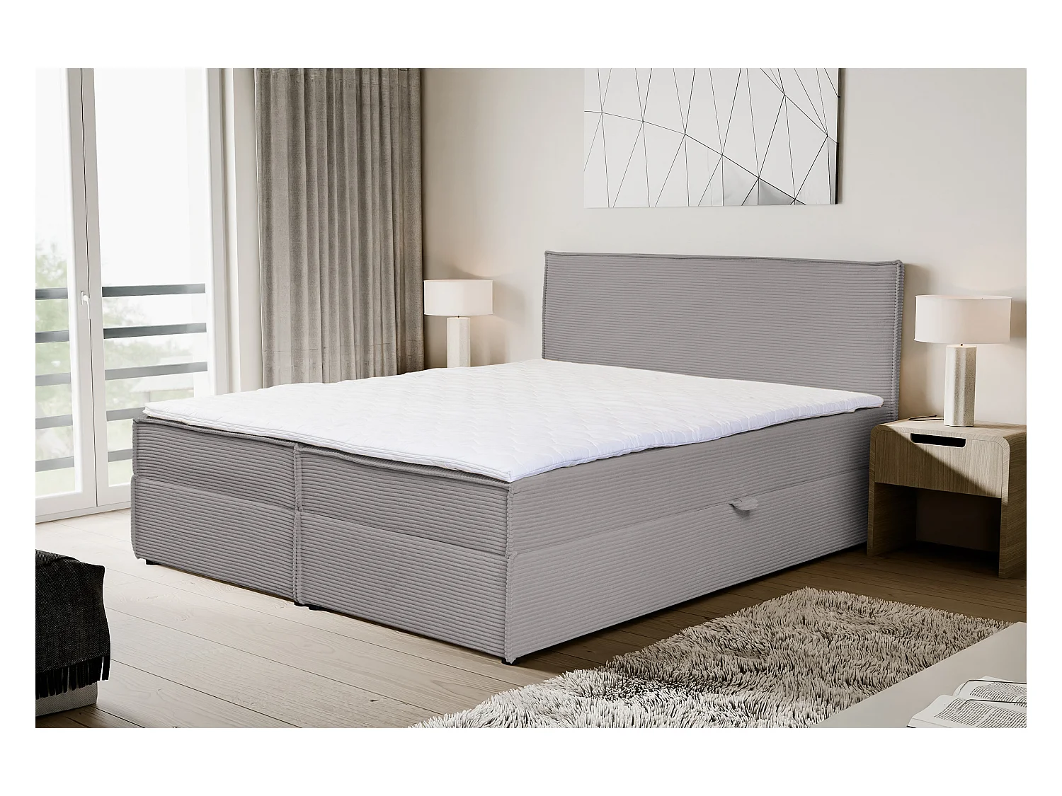 Lit boxspring GLORIA avec 2 coffres de rangement, lit rembourré Dimensions: 140x200, couleur: gris, tissu cordé
