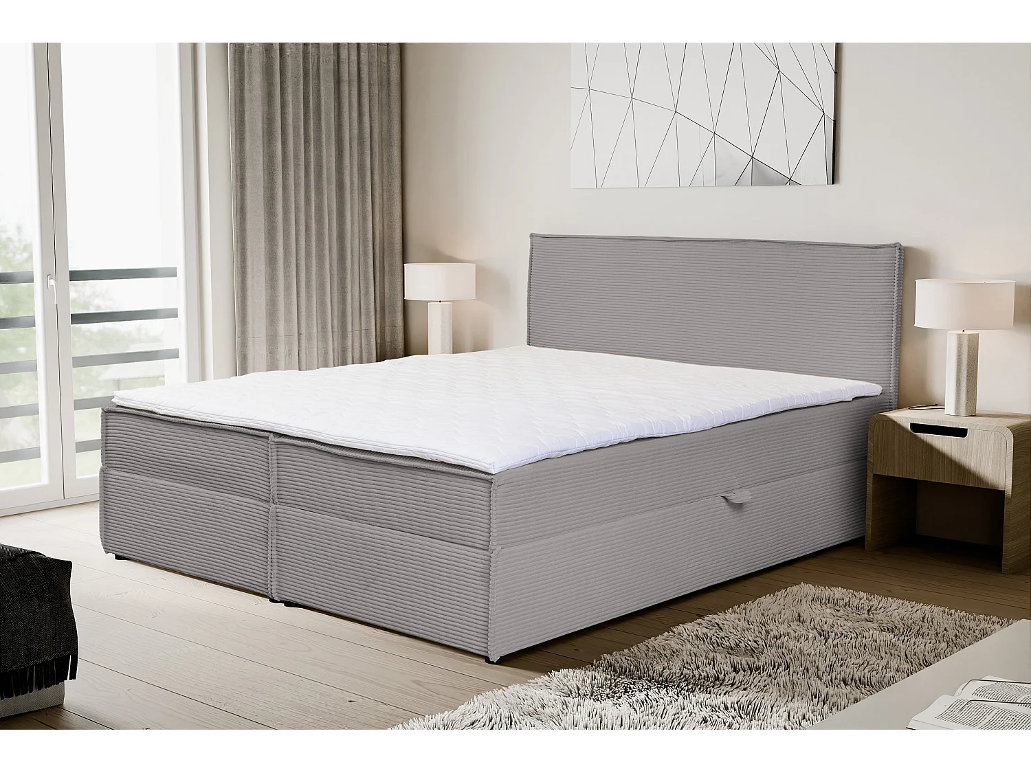 Lit boxspring GLORIA avec 2 coffres de rangement, lit rembourré Dimensions: 140x200, couleur: gris, tissu cordé