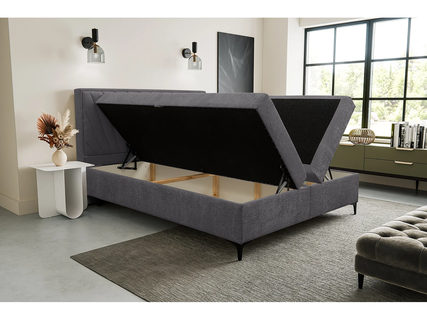 Lit boxspring Cimone avec 2 tiroirs de rangement, lit rembourré Dimensions: 160x200 cm, couleur: gris foncé, tissu velours