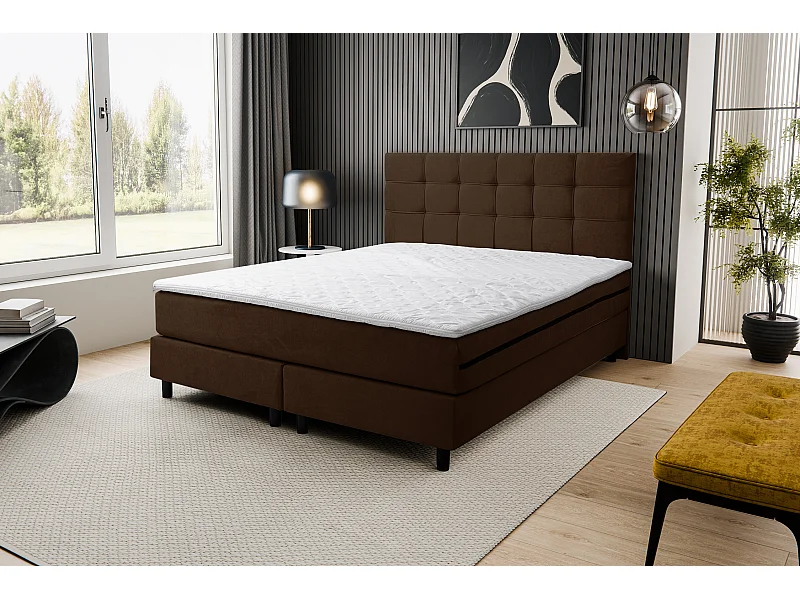 Lit boxspring BOSS, lit rembourré Dimensions : 180x200 cm, couleur : marron, tissu velours, lit double avec matelas Bonell H3 et surmatelas inclus