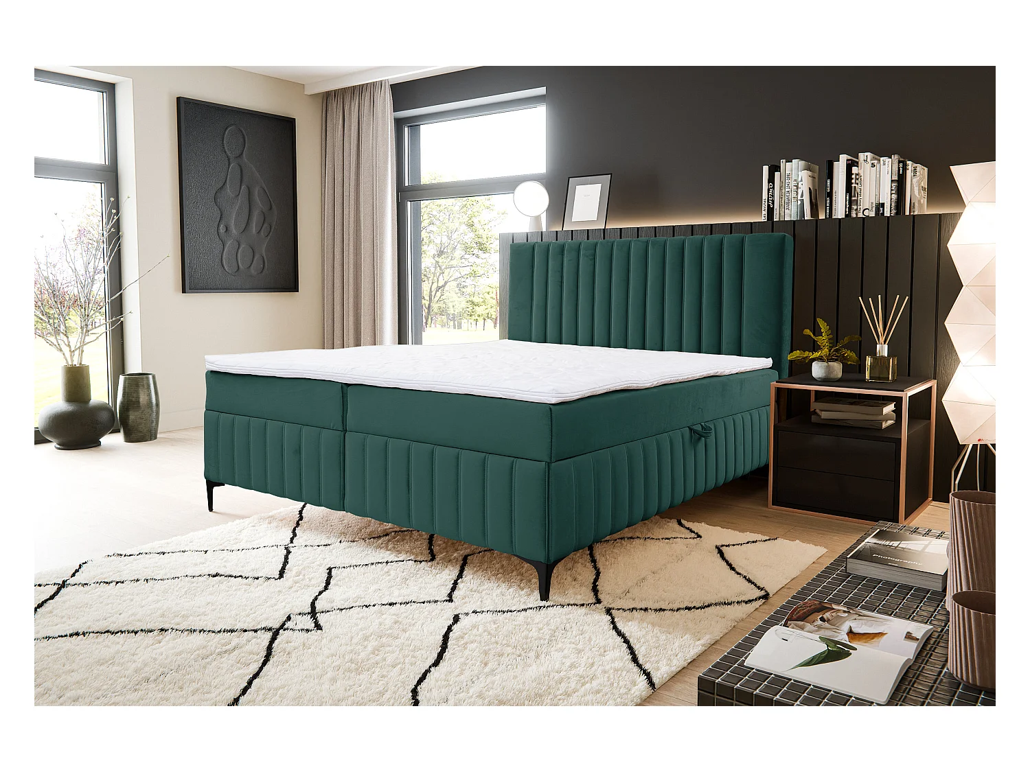 Lit boxspring QUANT avec 2 coffres de rangement, lit rembourré Dimensions: 160x200, couleur: vert, tissu velours