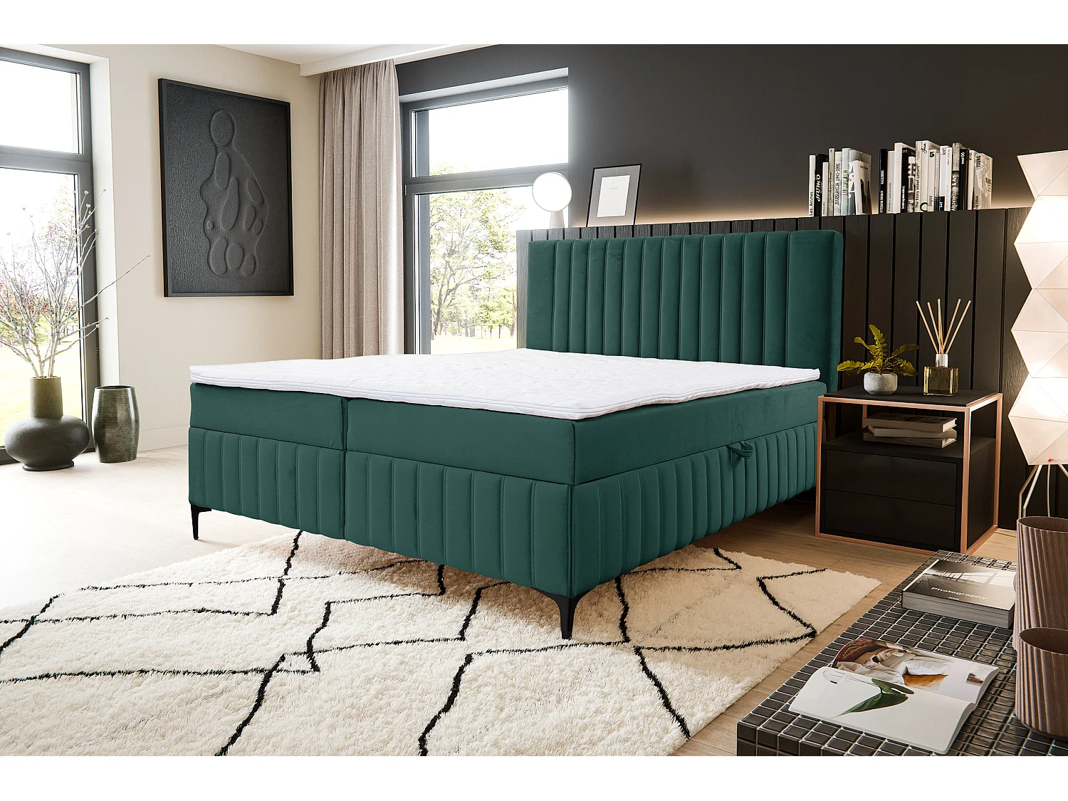 Lit boxspring QUANT avec 2 coffres de rangement, lit rembourré Dimensions: 160x200, couleur: vert, tissu velours