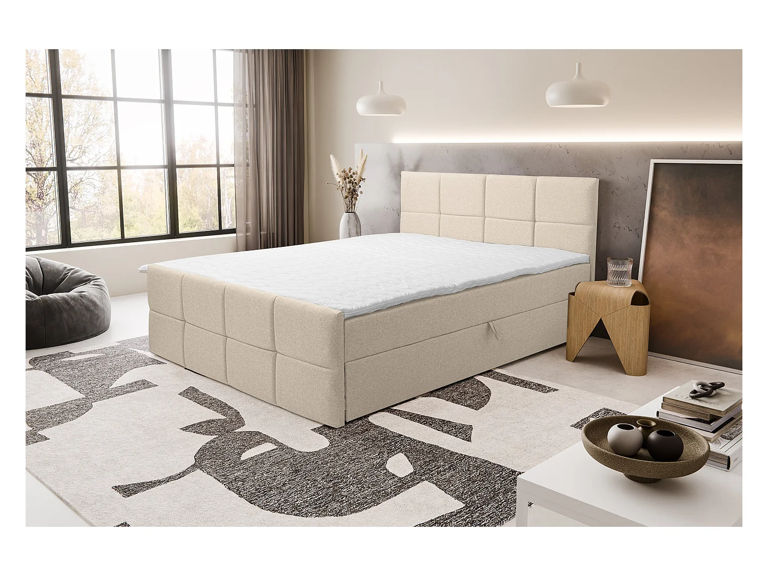 Lit boxspring DORIS avec 2 coffres de rangement, lit rembourré Dimensions: 180x200, couleur: beige, tissu velours